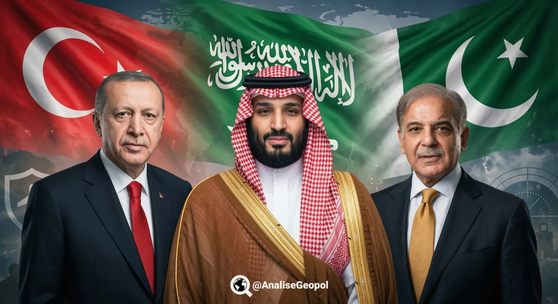 Presidente turco Erdogan, príncipe herdeiro da Arábia Saudita Mohammad bin Salman e primeiro-ministro do Paquistão Shehbaz Sharif.
